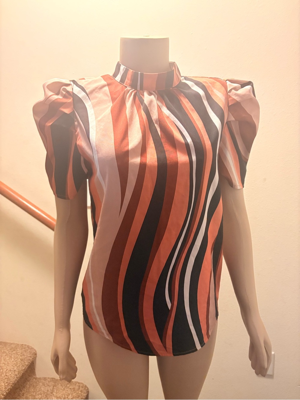 Striped Puff-Sleeve Blouse in Rust, Black & Cream